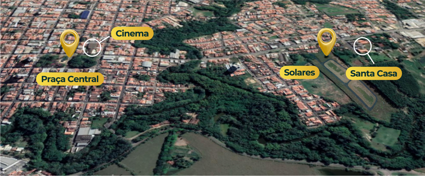 Vista aérea de satélite da cidade de Capivari (SP), destacando a localização estratégica dos lotes à venda no Solares Residencial & Clube, da Forner Empreendimentos. O mapa exibe marcadores amarelos apontando a proximidade do Solares com a Santa Casa, a Praça Central e o Cinema. Localizado na entrada da cidade, o condomínio fechado oferece acesso rápido a Campinas, Piracicaba, Americana e São Paulo, além de atender perfeitamente investidores e moradores de cidades vizinhas como Rafard, Mombuca, Elias Fausto, Monte Mor, Porto Feliz, Rio das Pedras e Santa Bárbara d'Oeste.